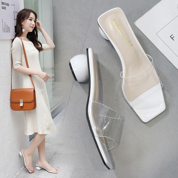 

slipper women's summer outer wear 2020 summer new style korean-style transparent peep-toe square head line-styled sandals chunky, Black