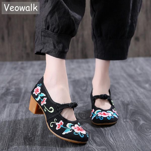 

veowalk 4.5cm women canvas embroidered block heels shoes comfort cotton ladies mary janes chunky pumps chinese old beijing shoes, Black