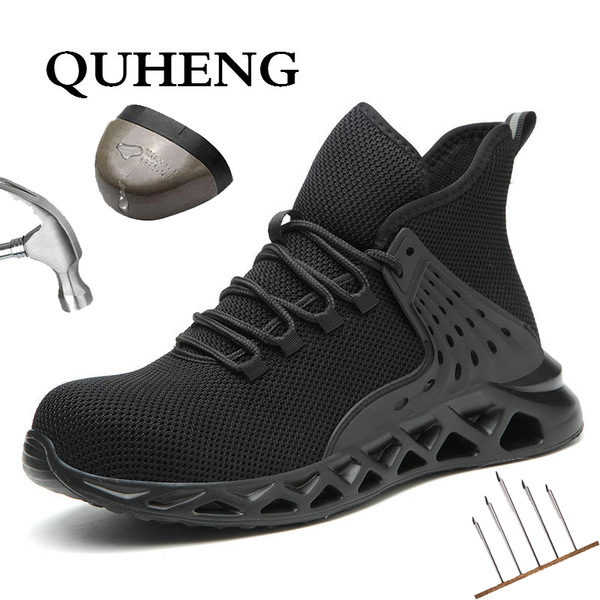 

quheng work safety shoes for men summer breathable boots working steel toe anti-smashing construction safety work sneakers, Black