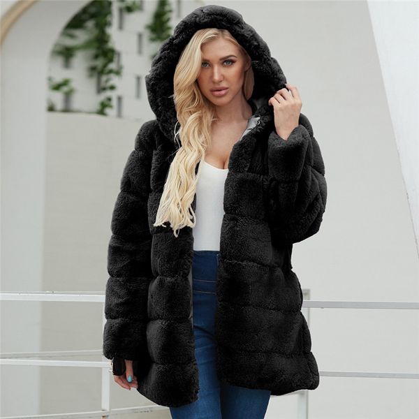 

women's fur & faux factory coat women winter fashion artifical hooded coats overcoat female furs jacket o16, Black