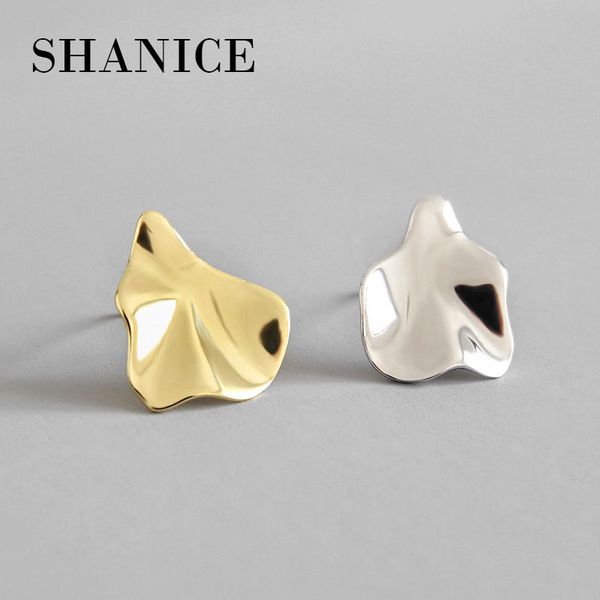 

shanice gold color 925 sterling silver irregular concave-convex leaf style small stud earrings for women sterling silver jewelry, Golden;silver