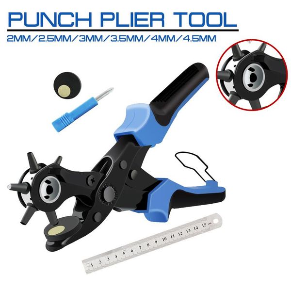 

punch plier tool with 2 extra punch plates heavy duty revolving leather belt hole and ruler leather craft tool