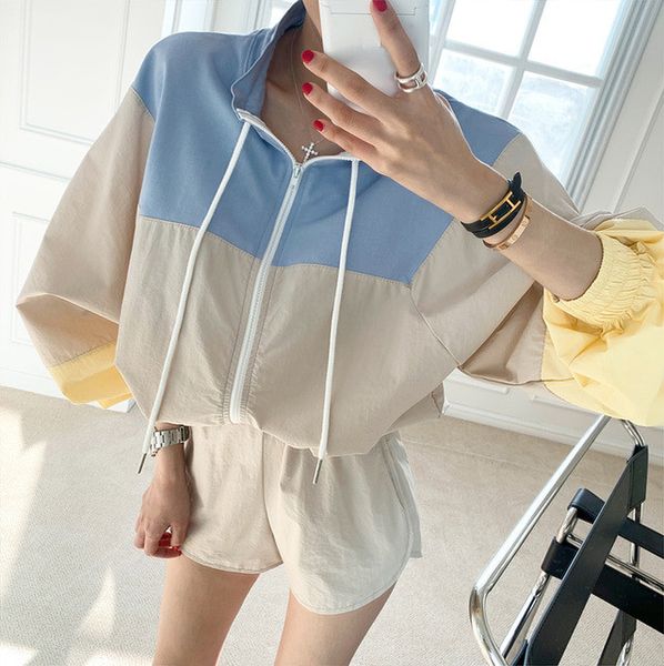 

korea fashion two piece set stand collar long sleeve patchwork jacket coat + casual short pants 2 piece set tracksuit women 2020, Gray