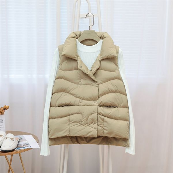 

women's down & parkas winter puffer jacket vest women stand collar single-breasted white duck coat female sleeveless outwear waistcoat, Black