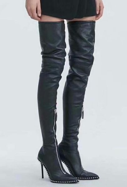 

bonjean pointed toe high heel boots black stretch leather over the knee boots rivets studded thin heels shoes 35-41