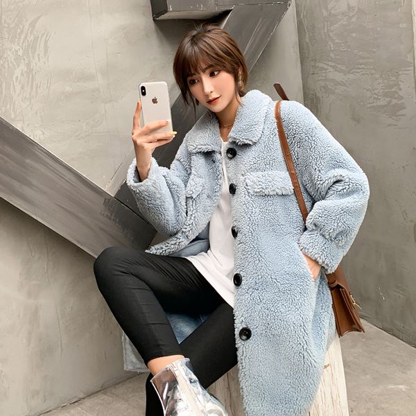 

women's fur & faux wool 30 winter teddy jacket women coat long parka light thick furry female fluffy lam fake, Black