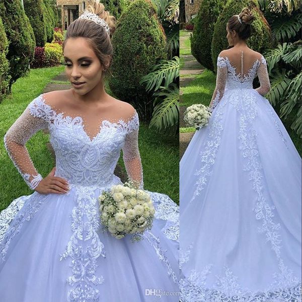 

new luxury dubai a line wedding dresses illusion neck lace appliques crystal beaded tulle court train arabic plus size formal bridal gowns, White