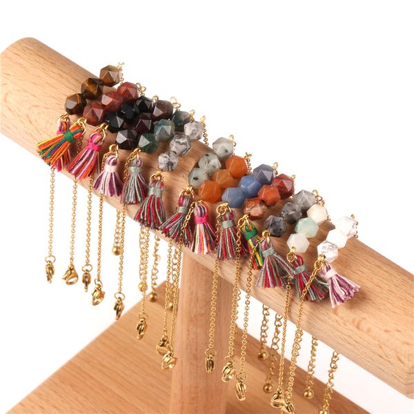 

facted semi-precious stone beaded bracelet women gold sand tiger eye stone stainless steel tassel bracelets pulsera jewelry gift, Golden;silver