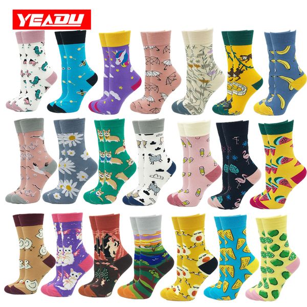 

yeadu new harajuku cotton women's socks cute soft novelty kawaii funny dog cat watermelon bee flamingo sock for girl gift, Black;white
