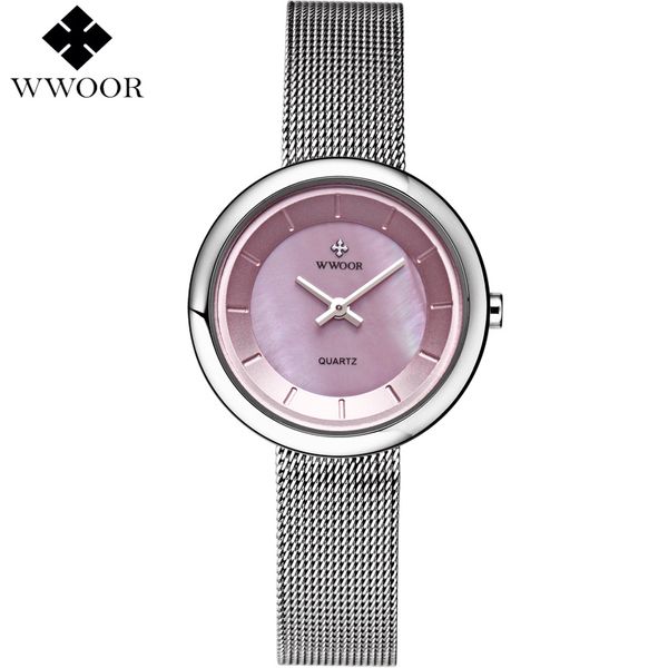 

wwoor ladies casual ultra-thin quartz watch for woman clock steel bracelet watches women pink dial relogio feminino, Slivery;brown