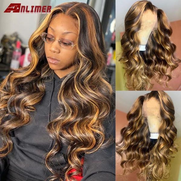 

lace wigs wave human hair wig honey blonde ombre 13x6 brazilian brown deep silk base highlight front anlimer, Black;brown