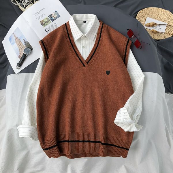 

winter men's sleeveless v-neck heart embrodidery men sweater ins port wind loose trend students wild vest vest knit male, White;black