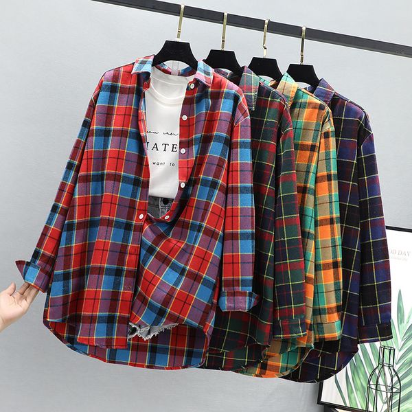 

womens plaid shirts casual blouse cotton loose autumn new thin lady checked shirt single packet oversized summer outwear, White