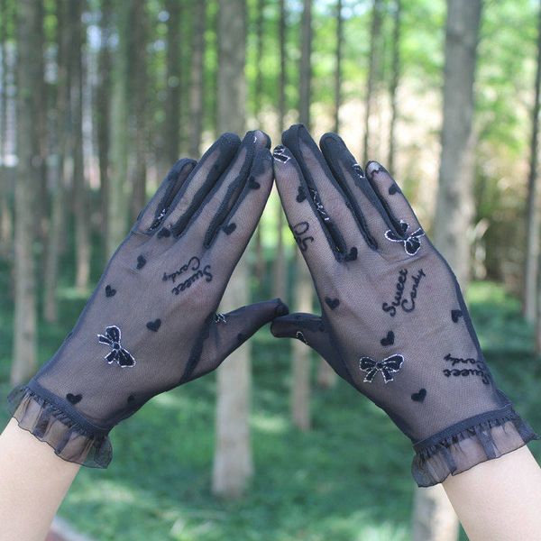 

new summer gloves women lace butterfly black driving gloves anti uv sunscreen full finger elegant lady dance, Blue;gray