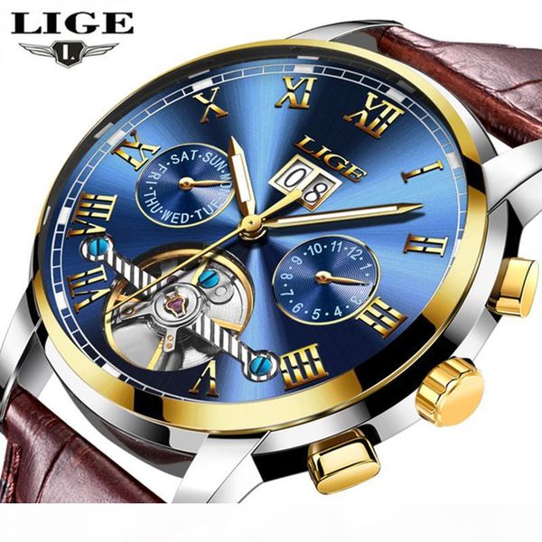 

lige watches men sport men's mechanical watches fashion business automatic watch man waterproof leather clock relogio masculino d181013, Slivery;brown