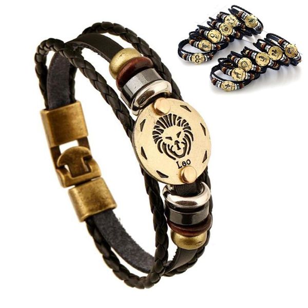 

vintage 12 constellations men leather charm bracelet horoscope jewelry zodiac sign alloy beads bangle bracelets boys adjustable, Red;blue