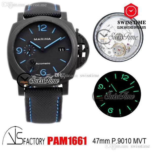 

vsf vs1661 p.9010 automatic mens watch carbon fiber case 44mm edition black dial blue markers black kevlar composite strap swisstime, Slivery;brown