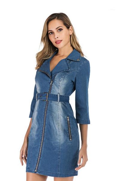 

ladies work dress autumn female jean vintage dress women lapel neck with zipper dresses casual, Black;gray