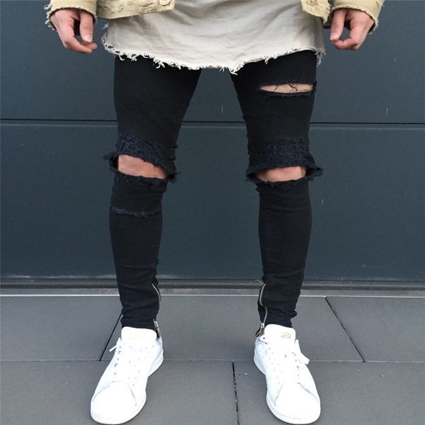 

men's jeans biker pants fashion knee fold slim zipped ripped, Blue