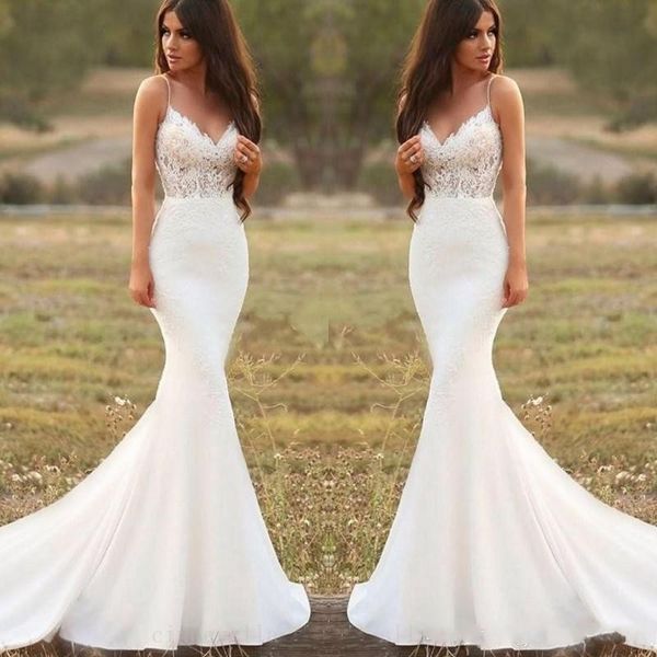 

new arrival country mermaid wedding dresses spaghetti straps backless sweep train lace appliques wedding dress bridal gowns vestidos, White