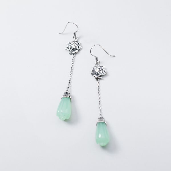 

925 sterling silver vintage style thai silver jewelry lotus green zirconia crystal dangle earrings for women lady daughter gifts