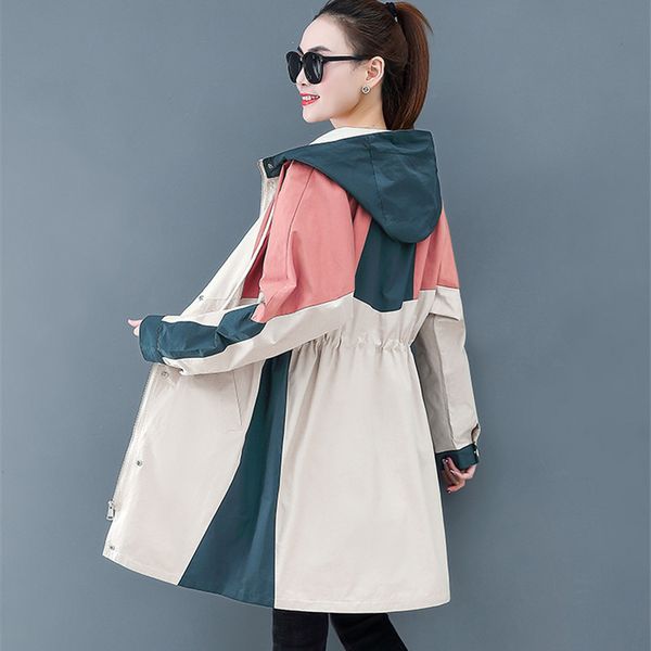

2020 fashion thin trench coat for women spring autumn new hooded splice long windbreaker student casual plus size outerwear, Tan;black