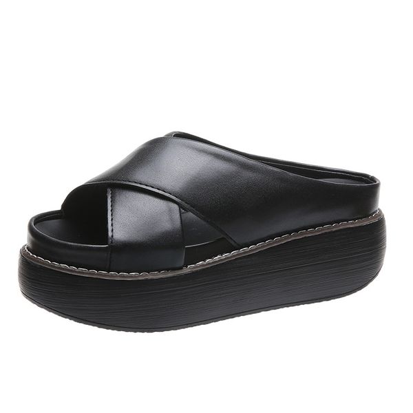 

plus size women leather platform sandals peep-toe slip-on wedges ladies casual high heels shoes summer party punk roman slippers, Black