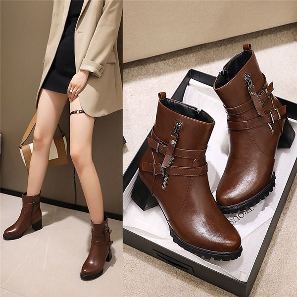 

boots ymechic 2021 winter shoes high heels knight biker motorcycle ankle for women black brown buckle booties woman footwear