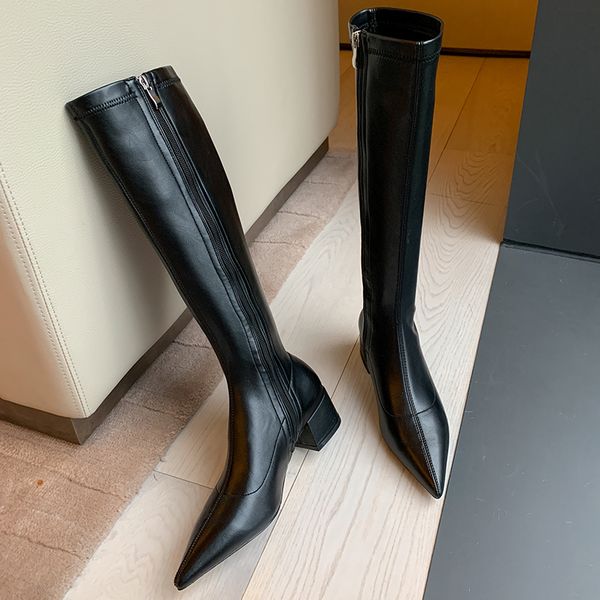 

sklfgxzy new winter knee high boots genuine leather women boots fashion female pointed warm women shoes, Black