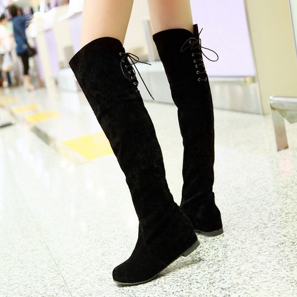 

2020 winter women boots sweet over knee boots wearing low heel increased korean plus szie 42 43 46 47 cross lacing female, Black