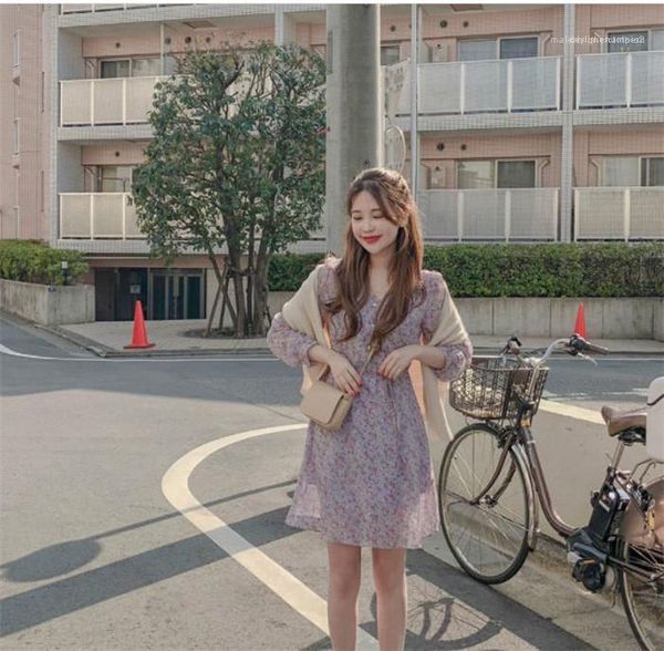 

dress spring summer designer high waist v neck button girls dresses females long sleeve clothes womens sweet style floral printed, Black;gray