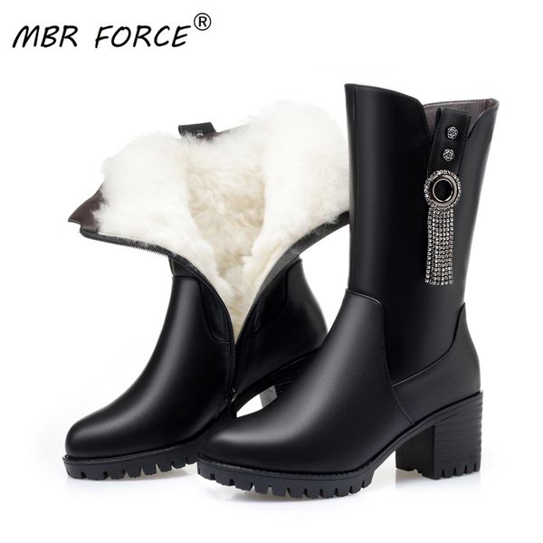 

mbr force new winter snow boots womens shoes large sizes female flat genuine leather wool non-slip mother boots winter footwear, Black