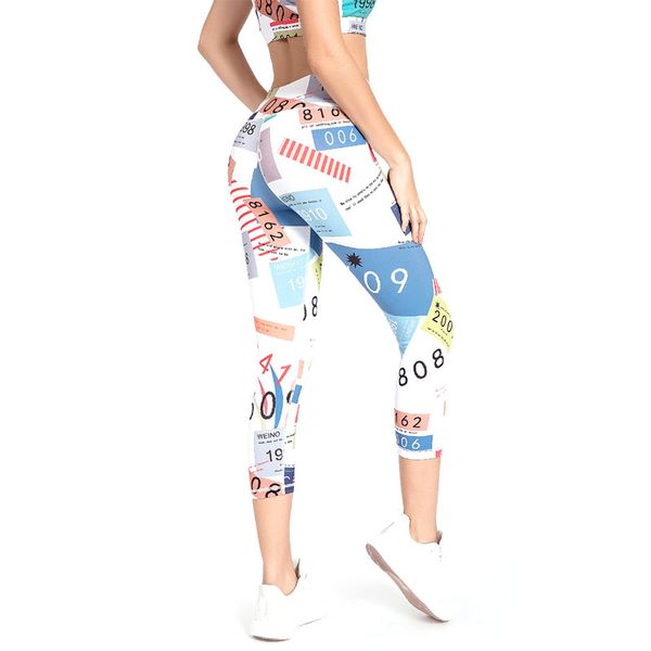 

20 new fitness women's elastic tight breathable yoga pants high waist pants printing ninth pantalones mujer cintura alta, White;red