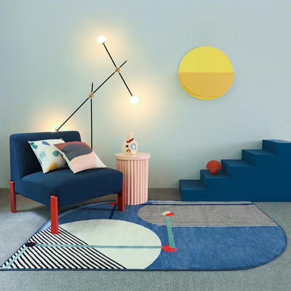 

ins popular blue geometric art living room rug, nordic style abstract bedside carpet, home decoration woven floor mat