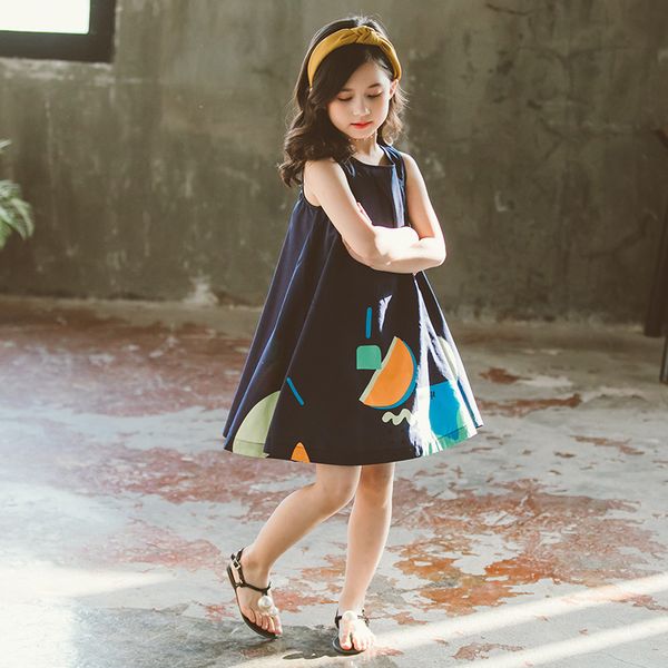 

children clothes summer dress lovely teenage girl sleeveless cartoon printing princess dress cotton blend kids dresses for girls, Red;yellow