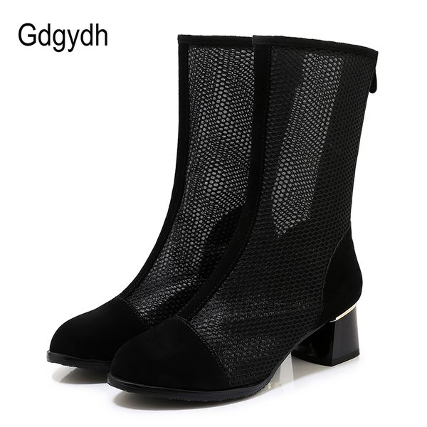

gdgydh breacthable mesh mid calf boots woman shoes block heels summer shoes black suede female footwear fashion plus size 43