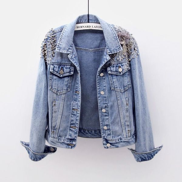 

vintage heavy work beading embroidery flowers denim jacket women outerwear plus size loose casual female short jeans jacket coat, Black;brown