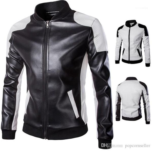 

zipper fly outwear fashion mens motorcycle jacket mens designer leather jackets plus size panelled stand collar, Black