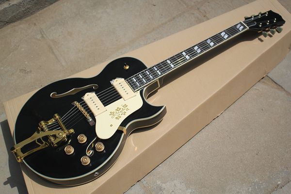

factory custom hollow black electric guitar with gold hardwares,white binding,tremolo system,can be customized