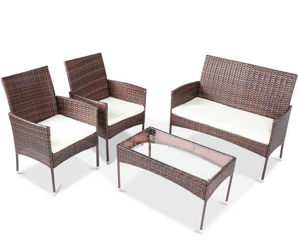 

4-piece sectional rattan patio furniture wicker conversation garden lawn outdoor sofa set cushioned seat tempered glass table w36812141