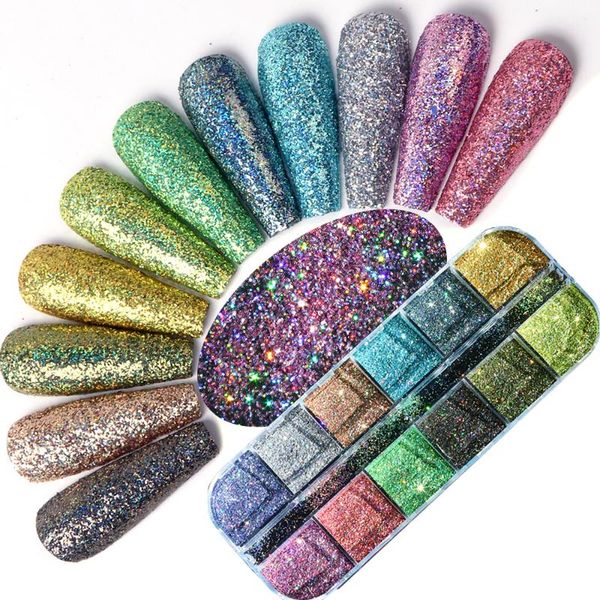 

mix 12 colors holographic glitter powder shiny nail art pigment chorme silver gold sparkly sequins flakes dust for nails sa1562