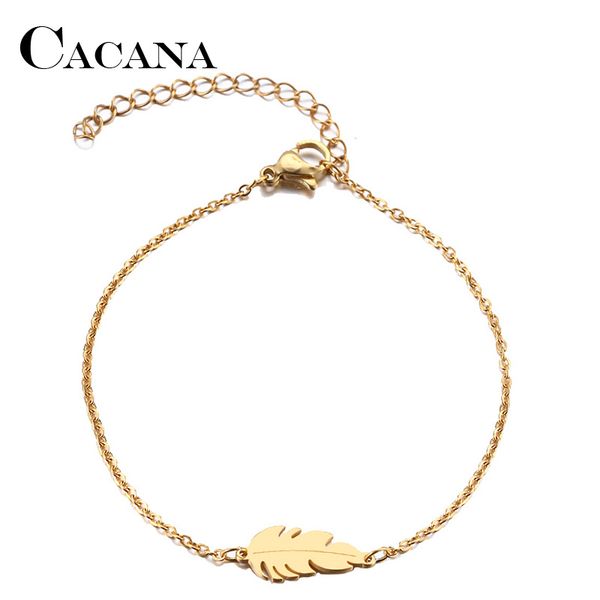 

link, chain cacana stainless steel bracelet for women feather man gold and silver color pulseira feminina lover's engagement jewelry, Black