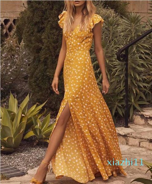 

2019 vacation sandy beach long dress sweet floral printing summer dress back hollow out yellow sundress bottom split, Black;gray