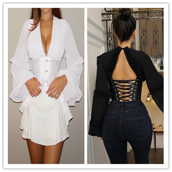 

women v-neck shirt womens corset sleeve designer backless t t shirt bodycon lantern clothing casual famale skgjr, Black