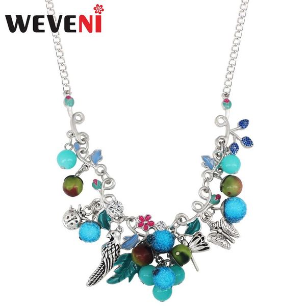 

weveni enamel alloy bead fruit bird necklace chain long pendant fashion vintage jewelry for women girls bijoux party accessories, Silver