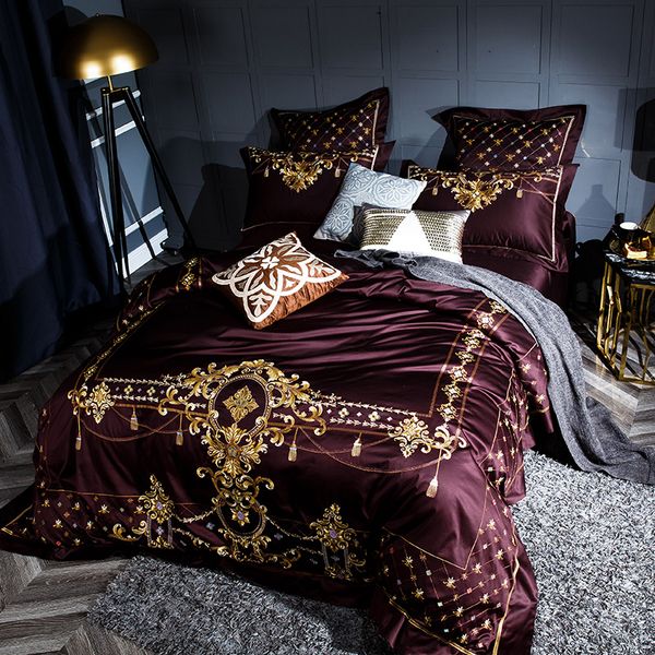 

luxury 120s egyptian cotton embroidered bedding set  king golden purple duvet cover bed sheet set pillowcase 4/6pcs
