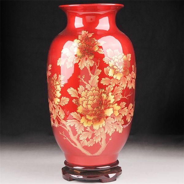 Ev dekorasyonu seramik vazo için Jingdezhen Kırmızı Kristal Camlı Şakayık Çiçek Seramik Vazo çince vazo kırmızı