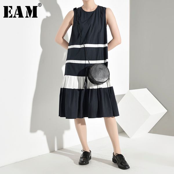 

eam] women contrast color pleated temperament dress new round neck sleeveless loose fit fashion tide spring autumn 2020 yh4500, Black;gray