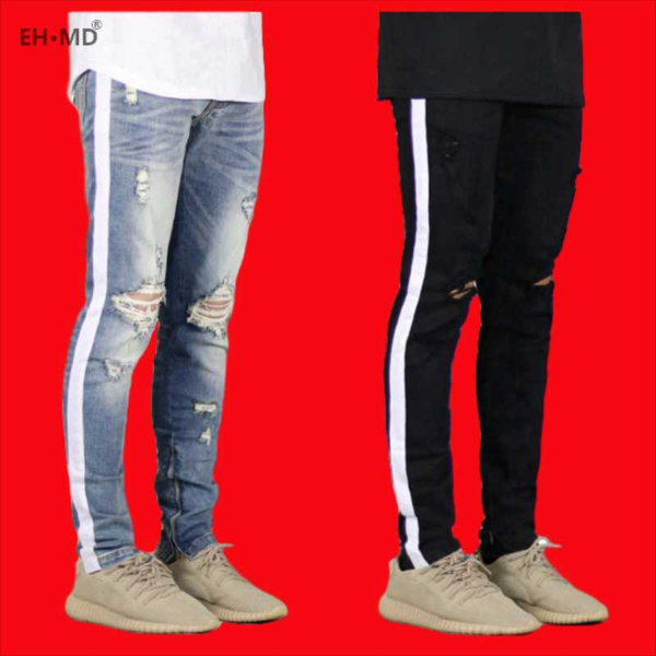 

ehÂ·mdÂ® white long striped jeans men's zipper hole ripped pencil pants high stretch slim reflective comfortable breathable 2020, Blue