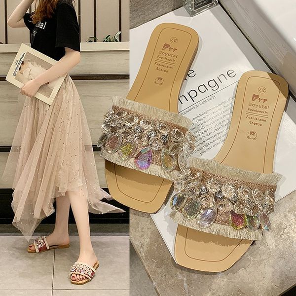 

online celebrity man-made diamond flat sandals female summer slippers anti-slip outer wear students sandals seaside holiday, Black